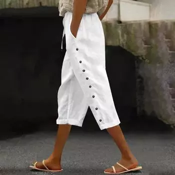 Женские модные свободные повседневные брюки длиной 3/4 с застежкой на пуговицы и шнурком S белый