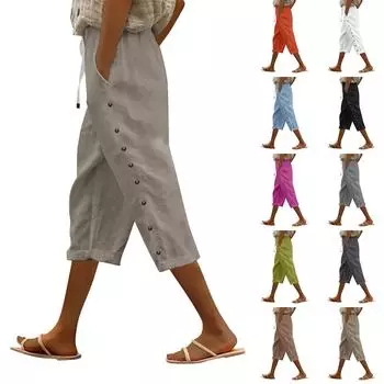 Женские модные свободные повседневные брюки длиной 3/4 с застежкой на пуговицы и шнурком L чёрный