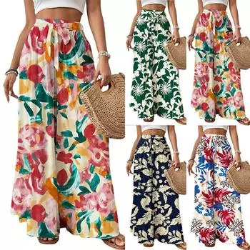 Женские модные свободные повседневные брюки с цветочным принтом и эластичным поясом L чёрный