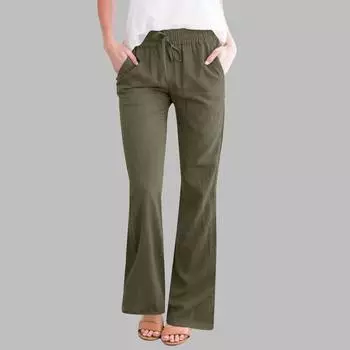 Женские модные свободные повседневные однотонные брюки из хлопка и льна на шнурке L армия зеленый