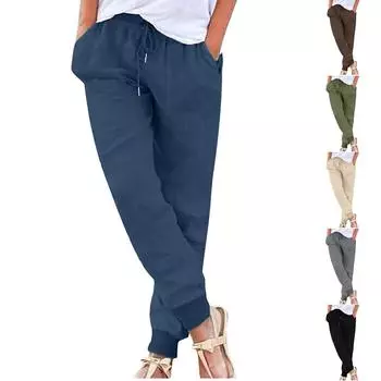 Женские модные свободные повседневные однотонные брюки из хлопка и льна с эластичной нитью и застежкой L
