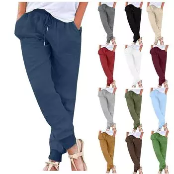 Женские модные свободные повседневные однотонные брюки из хлопка и льна с эластичной нитью и застежкой L серый