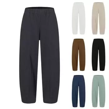 Женские модные свободные повседневные однотонные брюки из хлопка и льна с карманами L бежевый