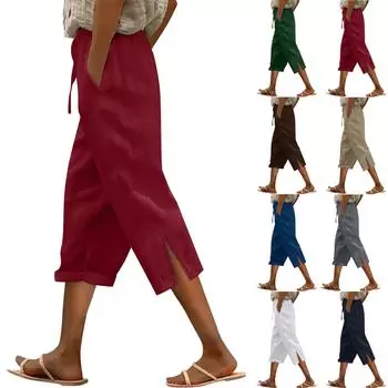 Женские модные свободные повседневные однотонные хлопковые льняные повседневные брюки 7/10 L чёрный