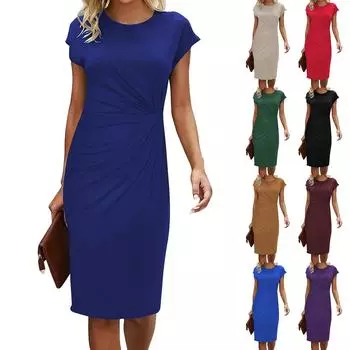 Женские модные свободные повседневные однотонные платья с круглым вырезом без рукавов в складку L чёрный