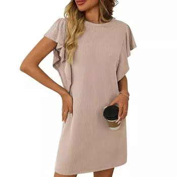 Женские модные свободные повседневные платья с витыми полосками и оборками на рукавах L бежевый