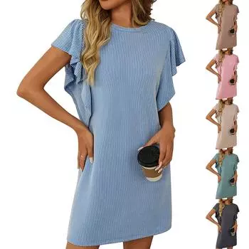 Женские модные свободные повседневные платья с витыми полосками и оборками на рукавах L бежевый