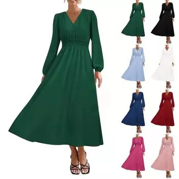 Женские модные свободные повседневные платья с V-образным вырезом и высокой талией L чёрный