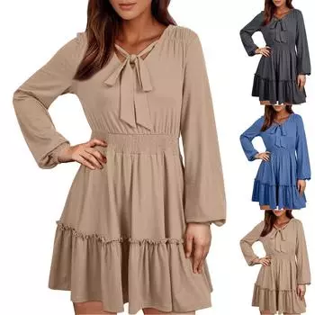 Женские модные свободные повседневные платья с V-образным вырезом и плиссированными оборками и длинным рукавом M чёрный