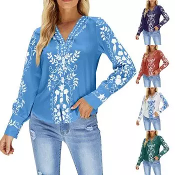 Женские модные свободные повседневные рубашки с v-образным вырезом и принтом, топы L зелёный