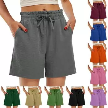 Женские модные свободные повседневные шорты с высокой талией и завязками на шнурке, однотонные, с маленьким карманом L чёрный