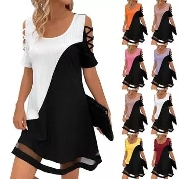 Женские модные свободные сетчатые платья с вырезами и контрастными цветами L горячий розовый