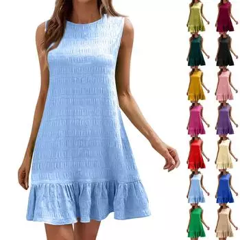 Женские модные свободные универсальные повседневные однотонные платья без рукавов с круглым вырезом L бежевый