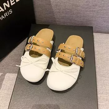 Женские модные тапочки Baotou, осенние новые туфли на плоской подошве с круглым носком, неглубоким воротом, бабочкой, узлом-заклепкой и пряжкой на ремне 35 чёрный