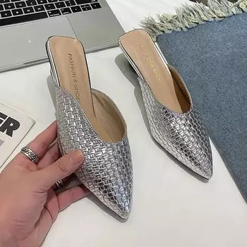 Женские модные тапочки Baotou, весенние, новые, с острым носком, с неглубокой подошвой, водонепроницаемые, нескользящие, на толстом каблуке 35 серебряный