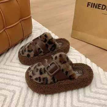 Женские модные тапочки Baotou, зимние новые, с круглым носком, с леопардовым принтом, на толстой подошве, противоскользящие, износостойкие, хлопковые сапоги 35 чёрный