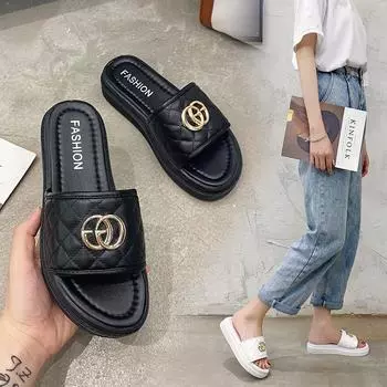 Женские модные тапочки большого размера на толстой подошве с металлическим логотипом, мягкая подкладка, новые повседневные женские туфли для прогулок на пляже 35