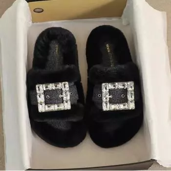 Женские модные тапочки из джинсовой ткани с квадратной пряжкой, черные тапочки со стразами, с открытым носком, плоские тапочки, осенние женские теплые хлопковые тапочки 36