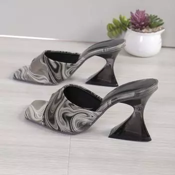 Женские модные тапочки на каблуке-бокале, сандалии в римском стиле, новые квадратные носки, ПВХ-принт, высокие каблуки, большие размеры, женская обувь для вечеринок 36 чёрный