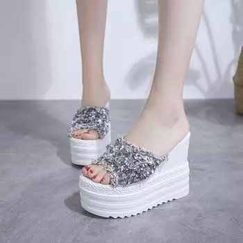 Женские модные тапочки на платформе, дизайнерские сандалии на танкетке, элегантная летняя вечерняя обувь с блестками 34 белый