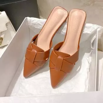 Женские модные тапочки на толстом высоком каблуке, лето 2025, новые большие европейские и американские большие размеры, однотонная верхняя одежда, универсальная, с острым носком 35