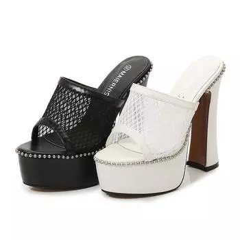 Женские модные тапочки на высоком толстом каблуке с неглубоким горлом и сетчатым носком, каблук 14 см, платформа 4 см, WZ 35 белый