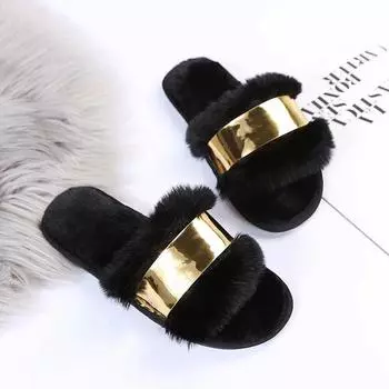 Женские модные тапочки Новая мода Металлические плоские хлопковые тапочки Нескользящая теплая обувь Удобные домашние шлепанцы Женские Zapatos De Mujer 36-37