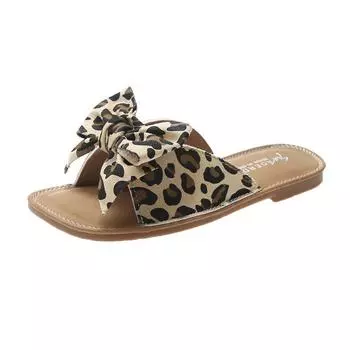 Женские модные тапочки с бантом, симпатичные сандалии с плоским носком и нескользящей подошвой 35 цветной печати леопарда