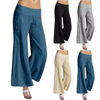 Женские модные темпераментные элегантные повседневные однотонные свободные повседневные расклешенные хлопковые и укороченные брюки большого размера L бежевый