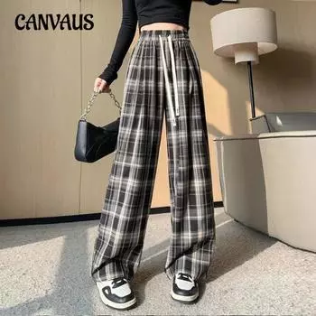 Женские модные темпераментные клетчатые принты свободные повседневные прямые брюки с эластичной талией брюки Tide M чёрный