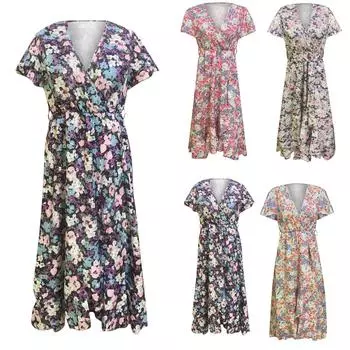 Женские модные темпераментные платья с v-образным вырезом и цветочным принтом, оборками и короткими рукавами L