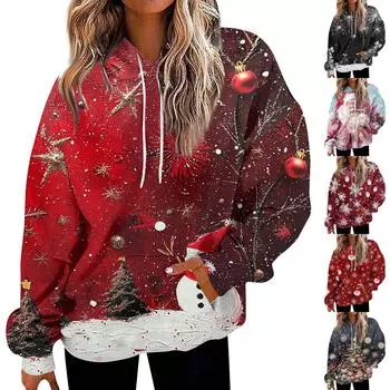 Женские модные толстовки и свитшоты с длинными рукавами и шнурком, толстовки с рождественским принтом и принтом, большие топы, толстовки M чёрный