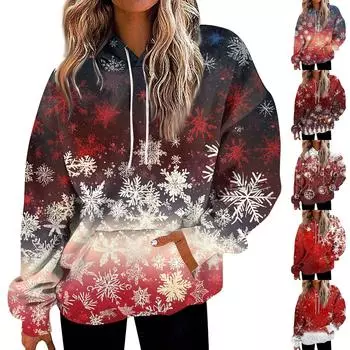 Женские модные толстовки и свитшоты с длинными рукавами и шнурком, толстовки с рождественским принтом и принтом, большие топы, толстовки XL винный