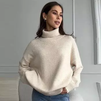 Женские модные толстовки с длинным рукавом, топы, свободные толстовки, свитера с высоким воротом, осенние свитера с высоким воротом One size слоновая кость