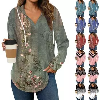 Женские модные толстовки с капюшоном V-образным вырезом с длинным рукавом и принтом на шнурке, повседневные свободные пуловеры L чёрный