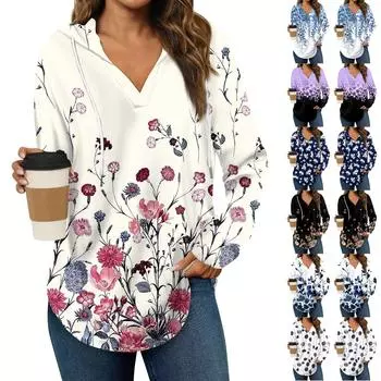 Женские модные толстовки с капюшоном V-образным вырезом с длинным рукавом и принтом на шнурке, повседневные свободные пуловеры L белый