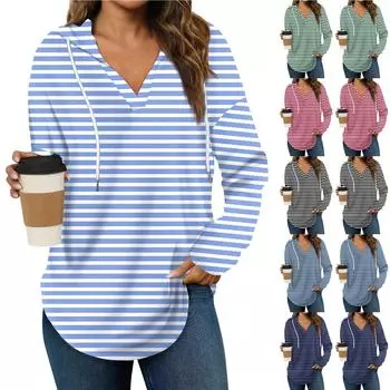 Женские модные толстовки с капюшоном V-образным вырезом с длинным рукавом и принтом на шнурке, повседневные свободные пуловеры S тёмно-синий