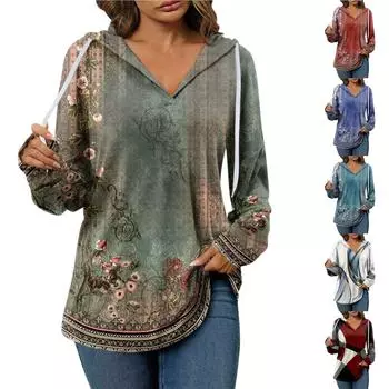 Женские модные толстовки с v-образным вырезом и длинными рукавами, толстовки с принтом, повседневные свободные пуловеры на шнурке, топы XXL синий