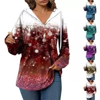 Женские модные толстовки с v-образным вырезом и длинным рукавом, рождественские толстовки с принтом, повседневные свободные пуловеры на шнурке, топы L винный