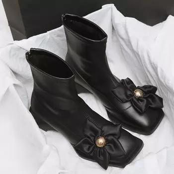 Женские модные толстые одинарные ботинки, новые осенние ботинки с квадратной головкой и цветочным узором сзади, износостойкие удобные короткие ботинки на молнии 35 чёрный