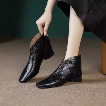 Женские модные толстые одинарные ботинки, осень, новые квадратные ботинки с молнией сзади, мягкая подошва, нескользящая, короткие ботинки 35 чёрный