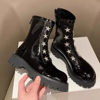 Женские модные толстые одинарные ботинки, осенние, новые, с круглым носком, с толстой подошвой, с молнией сзади, удобные, на среднем каблуке, короткие ботинки 35 чёрный