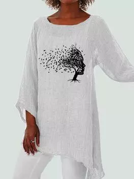 Женские модные тонкие блузки с принтом 3/4, весна-лето, хлопковый льняной топ с длинными рукавами, женский повседневный свободный воротник с круглым вырезом, рубашка с неровным подолом S белый