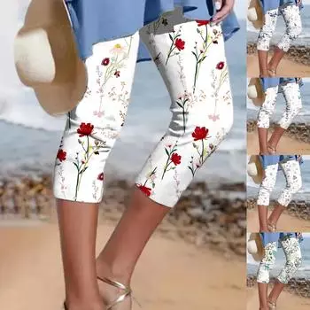 Женские модные тонкие леггинсы с принтом, летние пляжные капри, брюки XXL синий