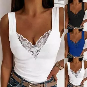 Женские модные топы без рукавов, повседневные однотонные топы с кружевным принтом, сексуальные тонкие топы с глубоким v-образным вырезом XXXXL чёрный