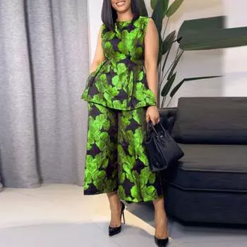 Женские модные топы без рукавов с цветочным принтом и круглым вырезом, брюки, костюмы M жёлтый