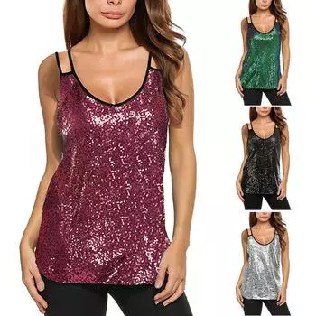 Женские модные топы без рукавов с v-образным вырезом на подтяжках и блестками M чёрный