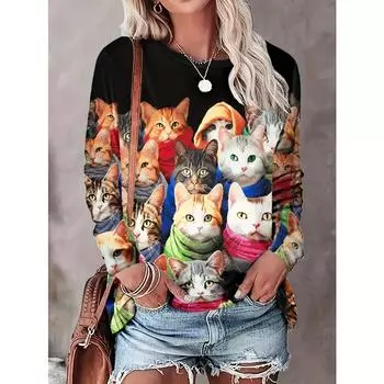 Женские модные топы Повседневная футболка с принтом 3D Cat Футболка со свободным рукавом и длинным рукавом с круглым вырезом Женская футболка Harajuku 5XL