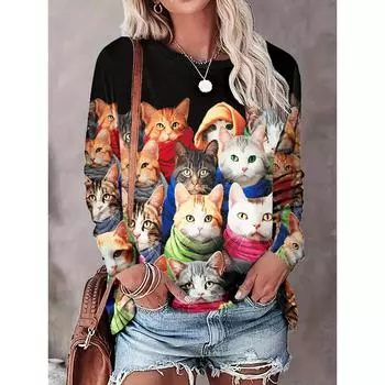 Женские модные топы Повседневная футболка с принтом 3D Cat Футболка со свободным рукавом и длинным рукавом с круглым вырезом Женская футболка Harajuku S