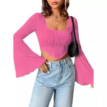 Женские модные топы, рубашки с квадратным вырезом, длинные струящиеся блузки с рукавами-колокольчиками, топы с нерегулярным краем, полые сексуальные футболки S белый